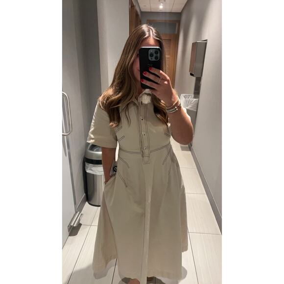 ROSETTA GETTY x RTR Beige Twill Collared Short Sleeve Bone Stitching Dress 0 - Picture 11 of 14